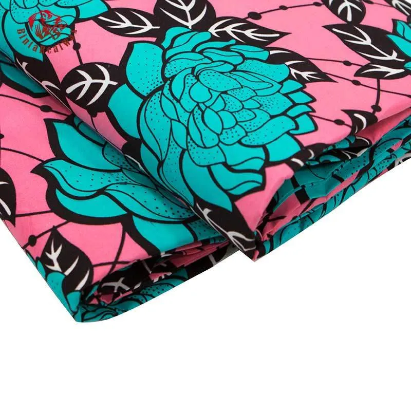 Bintarealwax Ankara Fabric100% Poliester Różowy tło Chryzantema Wzór Szycie Materiał 6 jardów / FP6344