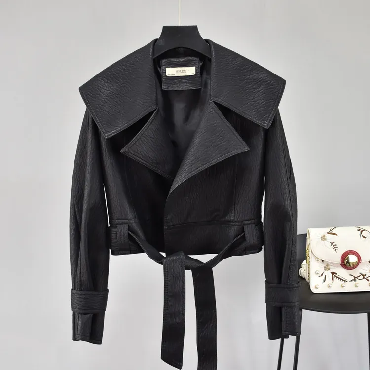 Women Leather Coats Autumn Long Sleeve Turn Down Collar With Belt Short Faux Leahter Jacket Ladies Black Biker Outwear 210525