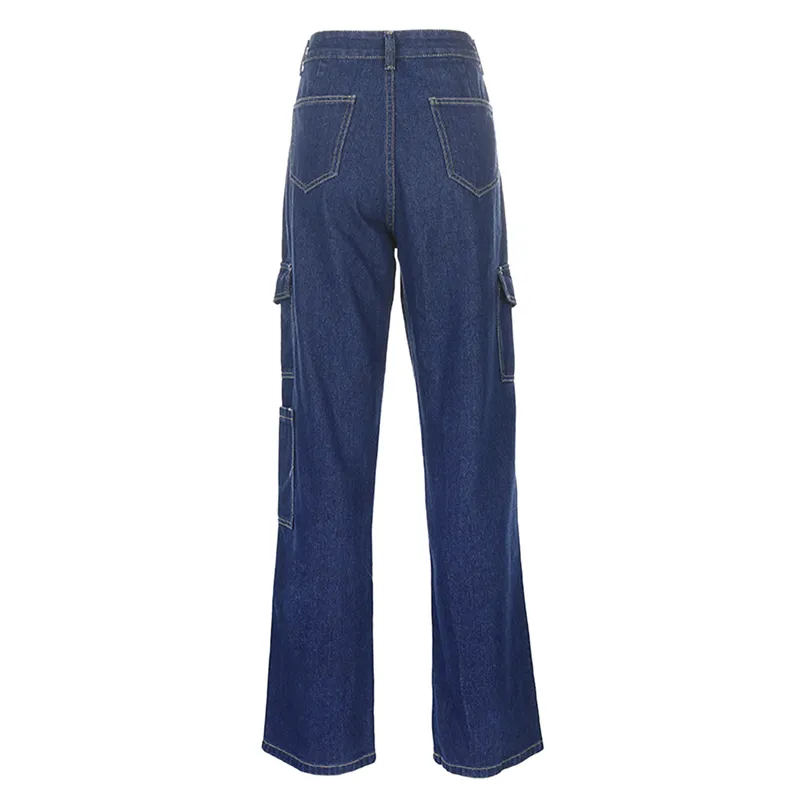 Calças de carga das mulheres Botão de bolsos retos para cima calças soltas Senhoras Venda Clássico Básico Cintura alta Streetwear 210522