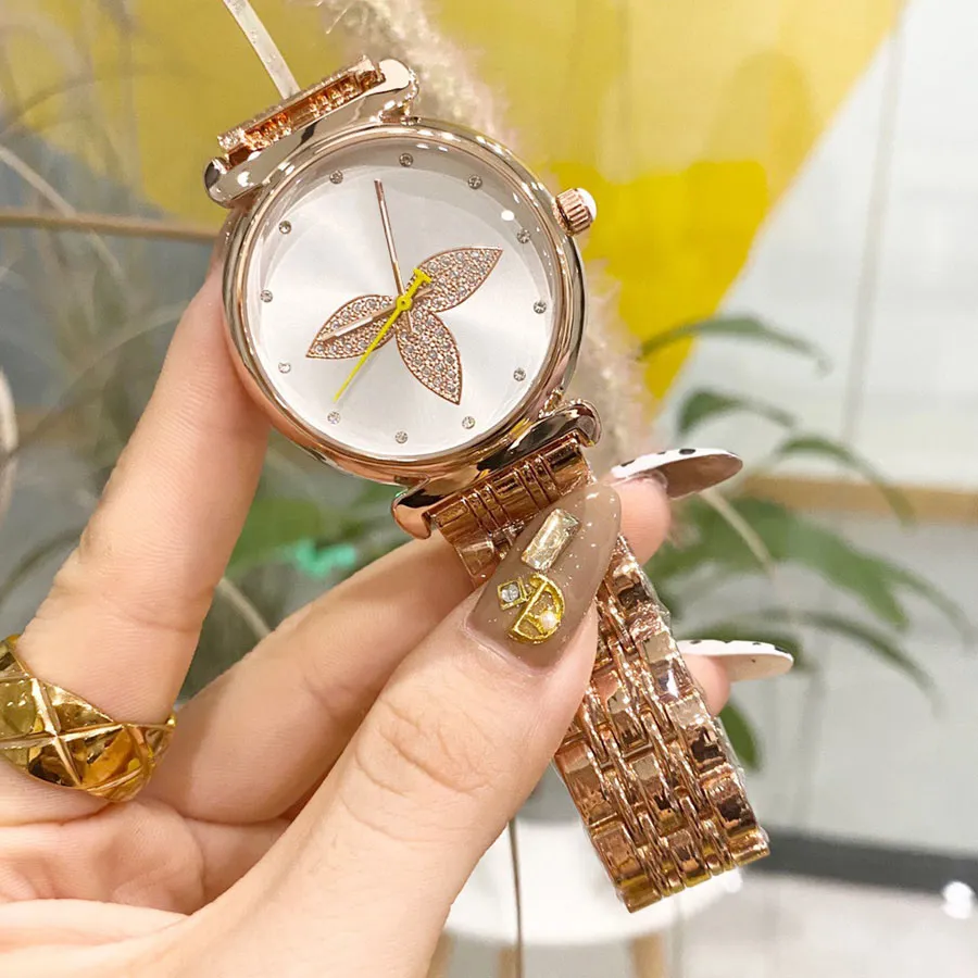 여자를위한 패션 브랜드 시계 여자 크리스탈 스타일 스틸 밴드 석영 손목 시계 L42
