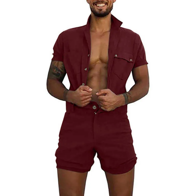 Overaller män shorts jumpsuit sommar mens ärm slim passform rompers streetwear casual knapp s byxor 210716