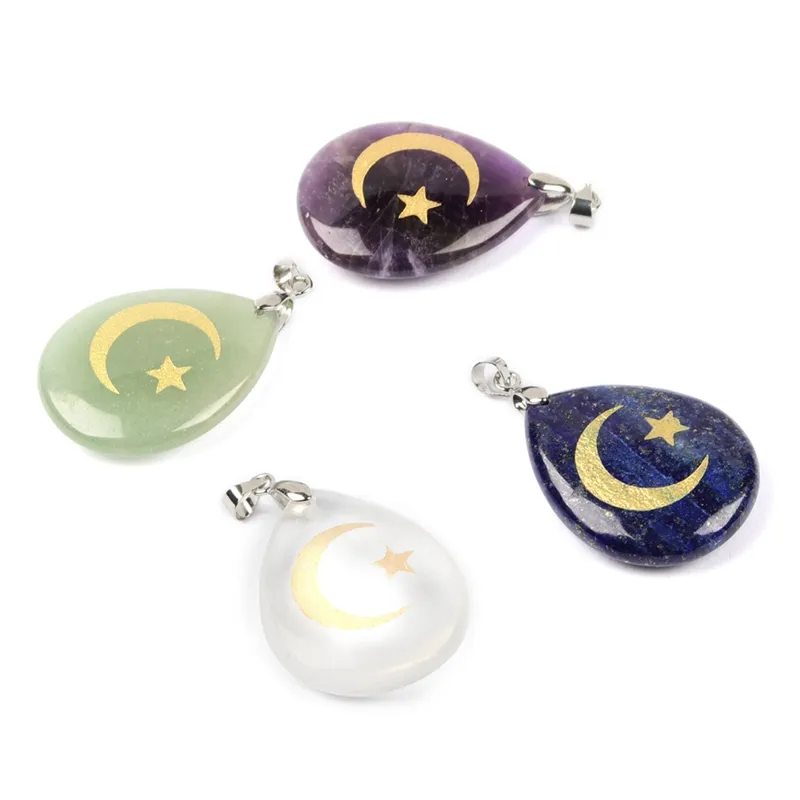 Forma di goccia d'acqua di pietra naturale Aura Cittana a ciondolo Collana incisa a stella islamica Moon Reiki Simbolo Pattern Pendants Heal Crystal Hanging285J