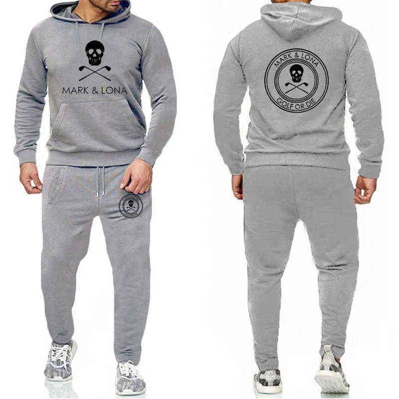 2021 Autumn and Winter Fashion Men's Tracksuit Solid Color Hooded Sweater + Jogging Leisure Pants Mark&Lona Print Men's Clothing G1209