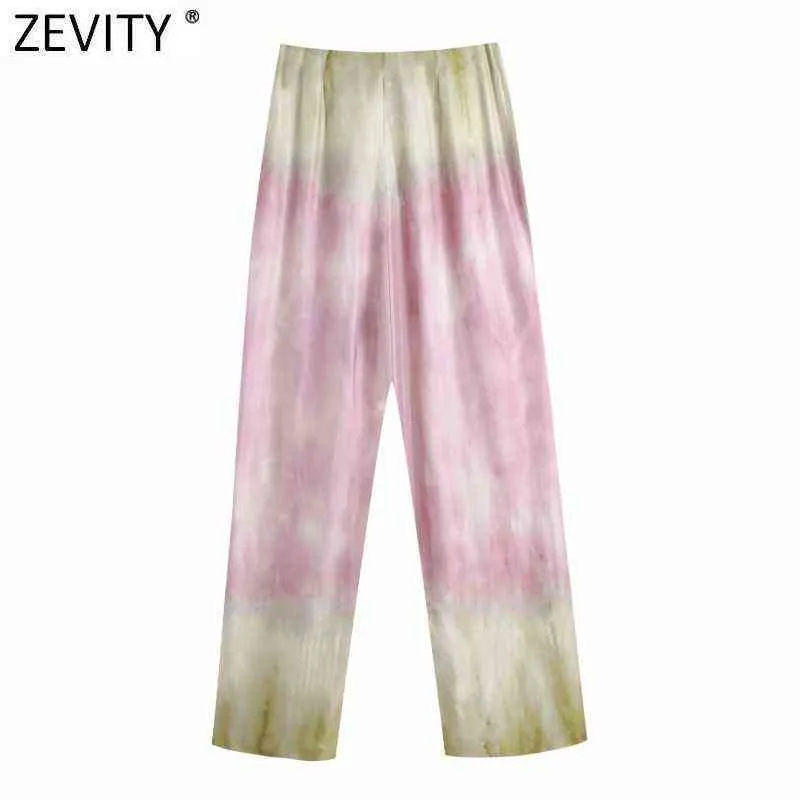 Zevity Moda Donna Gragual Colore Cravatta Tinta Stampa Raso Pantaloni Gamba Larga Retro Femminile Cerniera Laterale Chic Pantaloni Lunghi P1030 211115