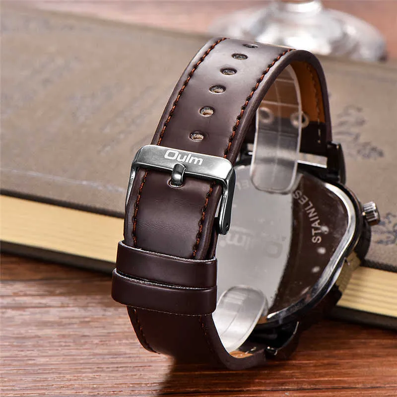OULM 9591 спортивные часы два часовых пояса мужские часы натуральная кожаный ремешок наручные часы человека уникальный стиль несколько часовых часов часы G1022