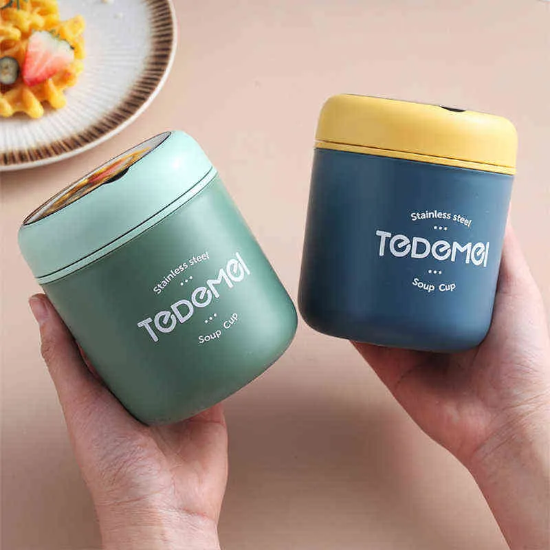 Mini Thermal Lunch Box Food Container with Spoon Stainless Steel Vaccum Cup Soup Insulated taza desayuno portatil 211104