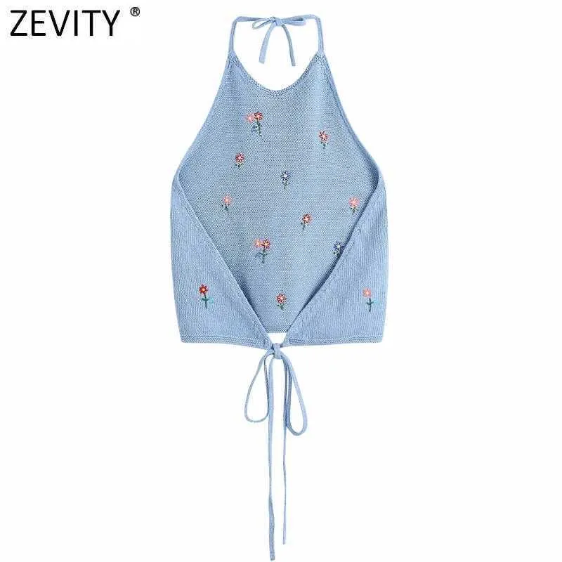 Zevity Women Chic Floral Embroidery Knitting Halter Camis Tank High Street Ladies Summer Backless Lace Up Crop Tops LS9417 210603