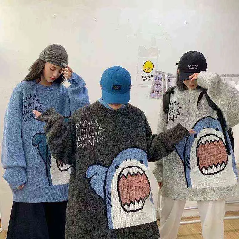 Men Sweater Winter Turtlenecks Shark Men Patchwor Harajuku Korean Style High Neck Oversized Grey Turtleneck For Men 211109