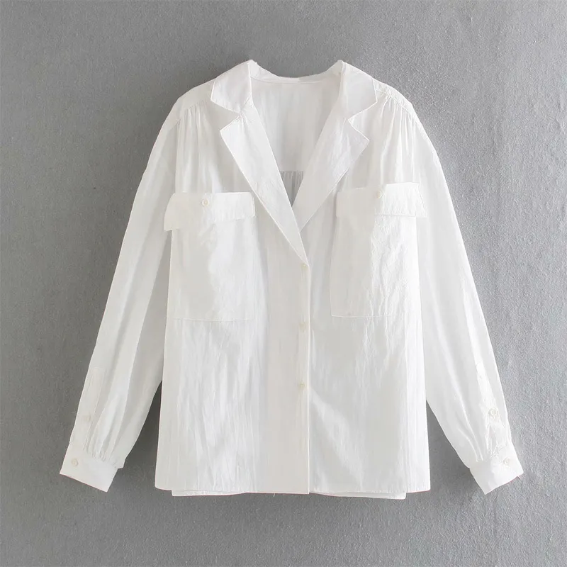 VUWWYV Weiß Plus Größe Pyjamas Stil Kragen Frauen Blusen Sommer Casual Button Up Hemd Frau Langarm Taschen Tops 210430