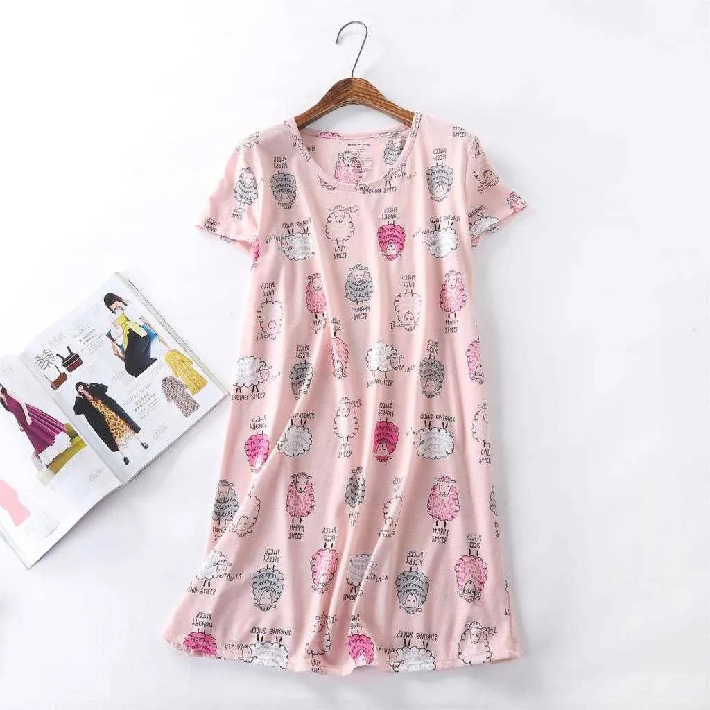 Artı Boyutu Yaz Kadın Gecelik Kısa Kollu Sevimli Karikatür Nightgowns Tatlı Rahat Pijama Pijama Sleeptress 210924