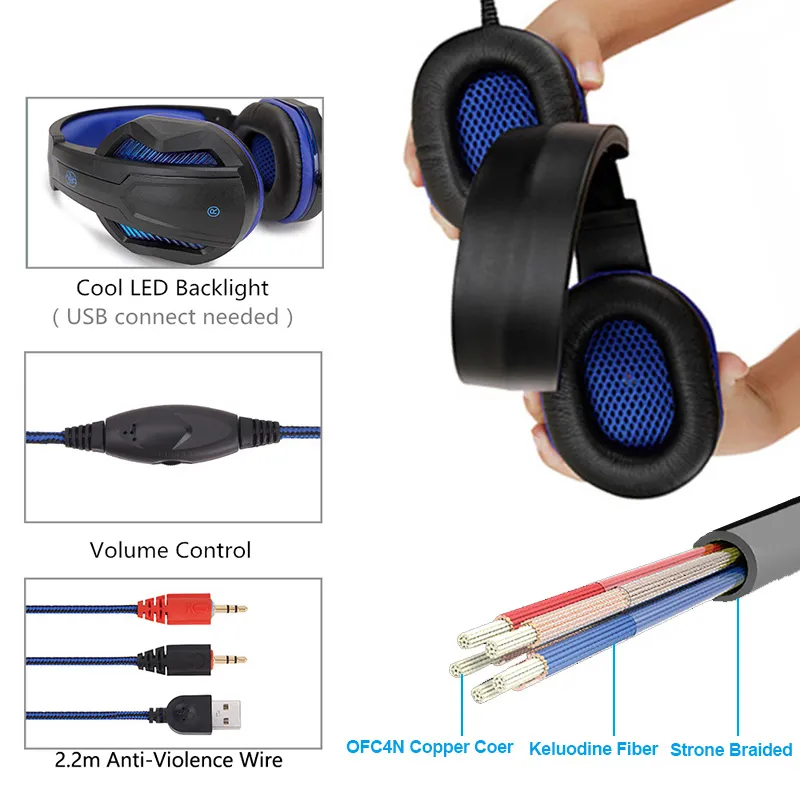 Cool LED -kabeldragna hörlurar med mikrofonhuvudsyn Gamer PC -hörlurar Stereo -spel Earphone PS4XBoxPhone9793169