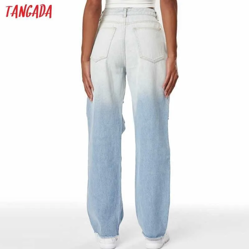 Tangada Mode Femmes Dégradé Bleu Déchiré Lâche Jeans Pantalon Long Pantalon Poches Boutons Femme Pantalon PP10 210609