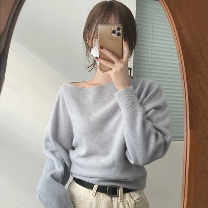 Ezgaga Tender Trui Pullover Office Dame Elegante Mode Chique Slash Neck Solid Herfst Winter Losse Knit Tops All-match Jumper 210430