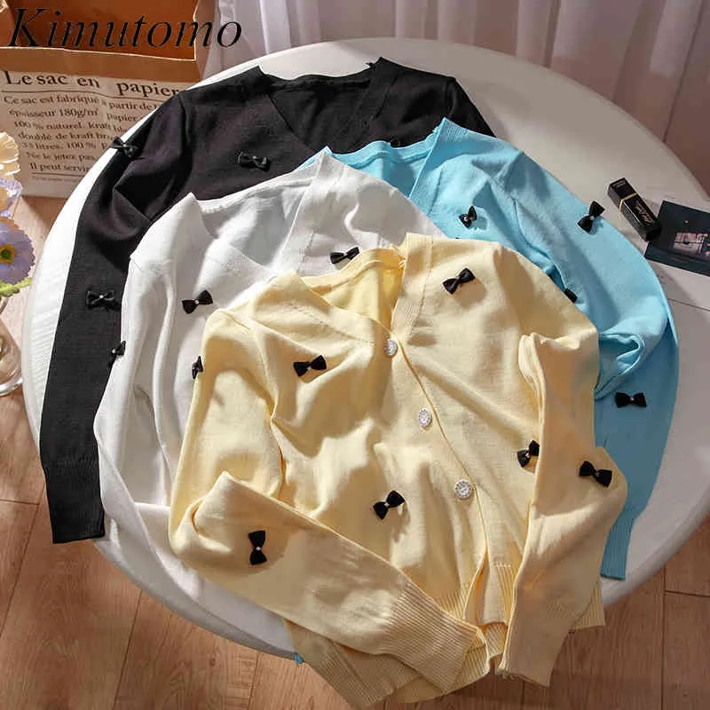 Kimutomo Sweet Girls устанавливает лук v-образным вырезом с длинным рукавом одиночный кардиган тонкий + сплошной цвет трубки топ линейки лето 2 шт костюм 210521