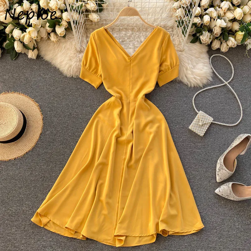 Neploe V Neck Short Sleeve Temperament Dress Women High Waist Hip A Line Solid Vestidos Summer Solid Robe Slim Holiday 210510