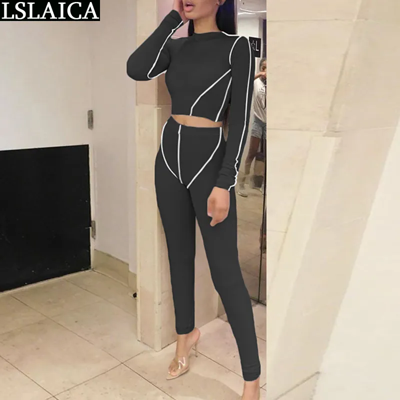 Tvåbitar Set Kvinnor Bodycon Långärmad Oneck Höst TrackSuit Fashion Fast Fitness Sats Gym Kläddräkt Matchande 210515