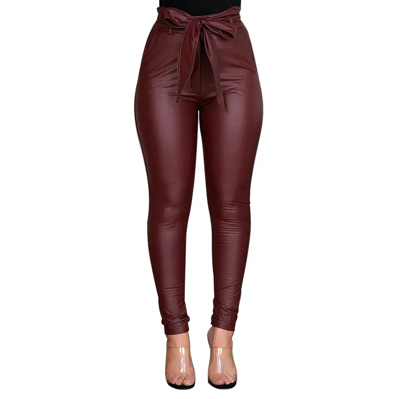 Sexy Frauen Motor PU Leder Hosen Ganzkörperansicht Hohe Taille Kordelzug Einfarbig Skinny Slim Fitting Bleistift 210522