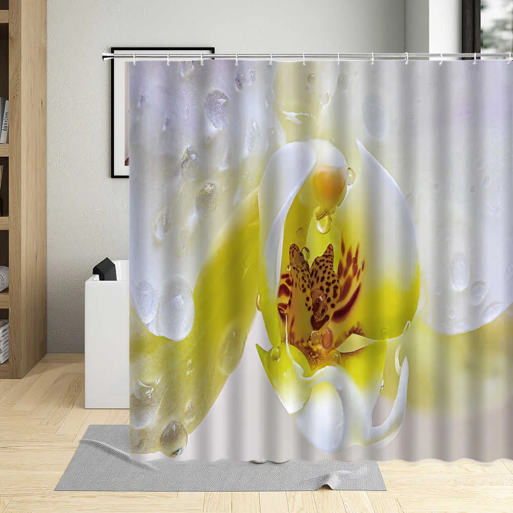 Witte orchidee phalaenopsis bloem douchegordijn elegante kunst decor badkamer gordijnen waterdichte stof badschermen met haken 210915