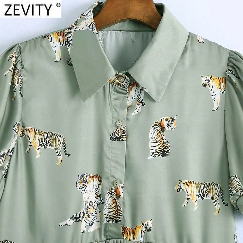 Zevity mujeres Vintage Animal Print plisado hasta la rodilla vestido femenino de manga corta Casual verano Vestidos Chic Retro ropa DS8375 210603