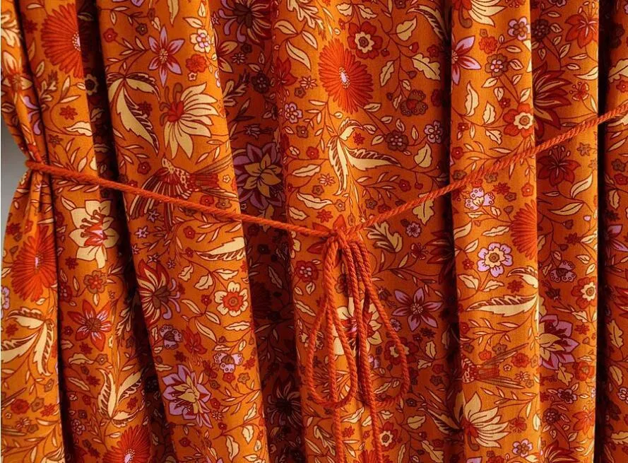 Bohemian Orange Gypsy Floral Kwastje Lacking V-hals Ruffles Stream Taille Holiday Dress Dames Boho Jurken 210429