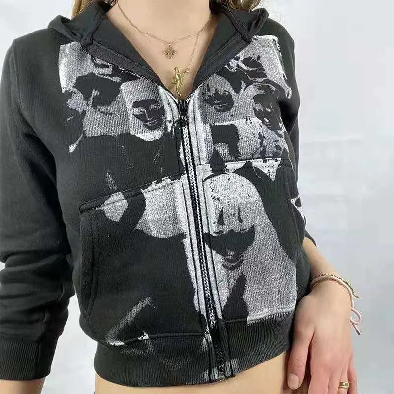 Y2K審美的な女性のパーカーとポケットが付いている90年代ビンテージグラフィックプリントジッパーアップパーカー服E-Girl Sweatshirts Spring秋のトップ210803