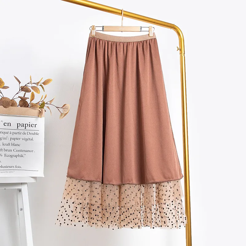Hsa A-Line Pleated Women Skirts Summer Elastic Waist Students Chiffon Knee-Length Skirt Bottoms Lining Long Saias Jupes 210430