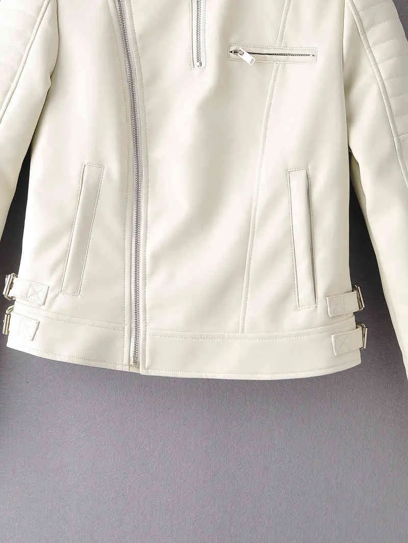 Мода мото стиль женщины искусственные кожаные пальто весна белые прохладные женские куртки повседневные женские искусственные карманы девушки 210427