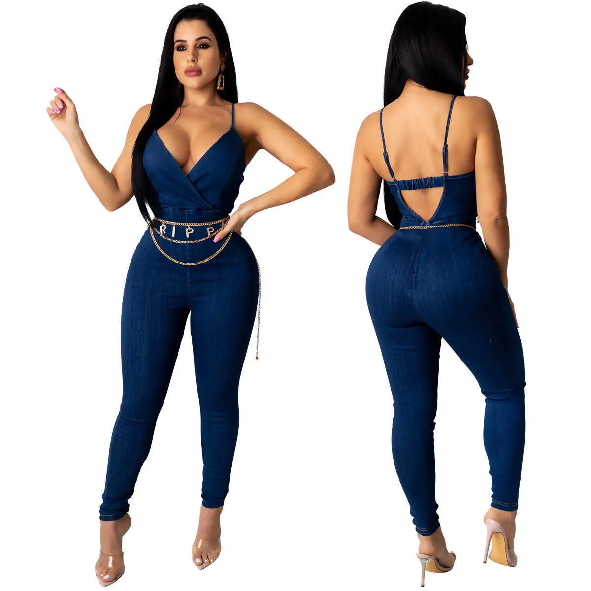 Llegada Sin mangas Slim Mono Jeans Sexy Body Mujeres Denim Monos Mamelucos Pantalones Lavado Hollow Jeans Mono Damas 210709