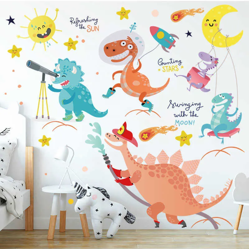 Dinosaur Wall Sticker Cartoon Animaux Autocollant Garçon Enfants Chambres Décoration Esthétique Auto-Adhésif Papier Peint Chambre Bébé Décor À La Maison 210705