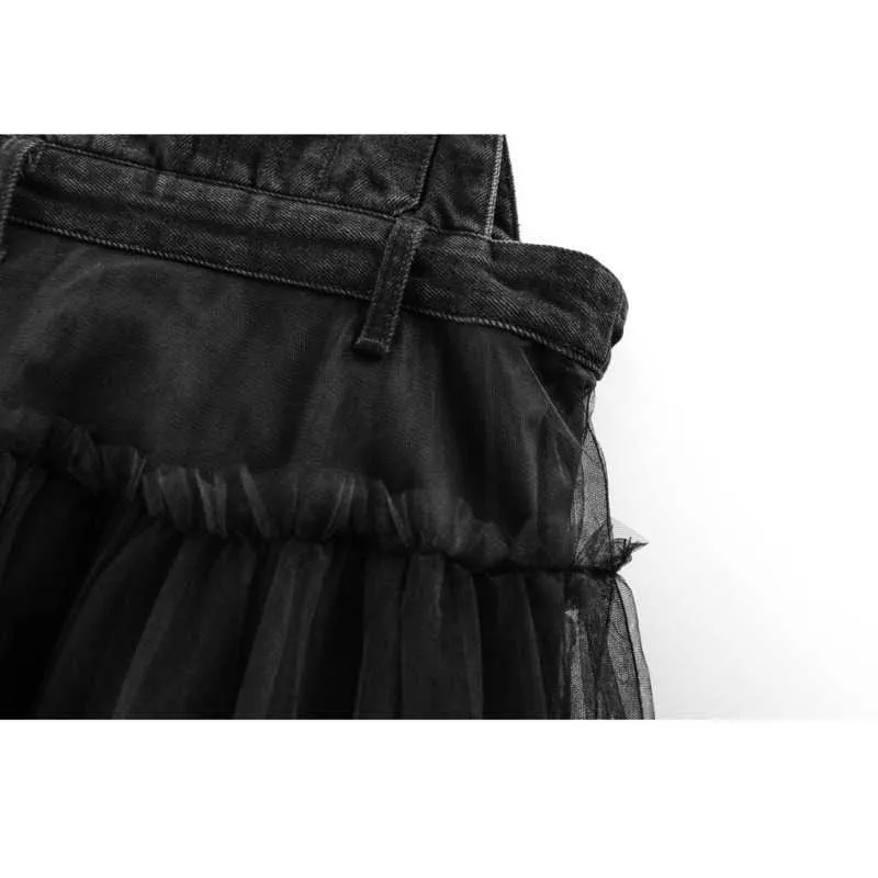 [DEAT] Fashion Summer V-neck Loose Waist Sleeveless Sling Net Yarn Solid Color A-line Dress Women 13D154 210527