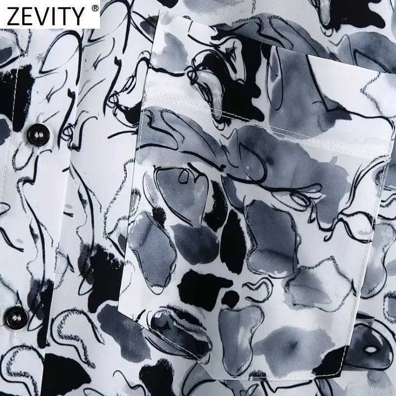 Zevity Women Vintage Bläck Graffiti Print Smock Blus Kvinna Casual Fickor T Shirts Chic Business Kimono Blusas Tops LS7714 210603