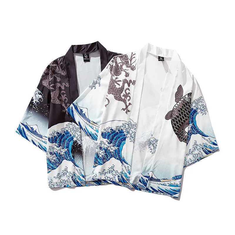 Czarne Kimono Cardigan Kobiety Mężczyźni Japończycy Obi Mężczyzna Yukata Mężczyzny Haori japońskie fala karpiowa Tradycyjna Japonia odzież 284O