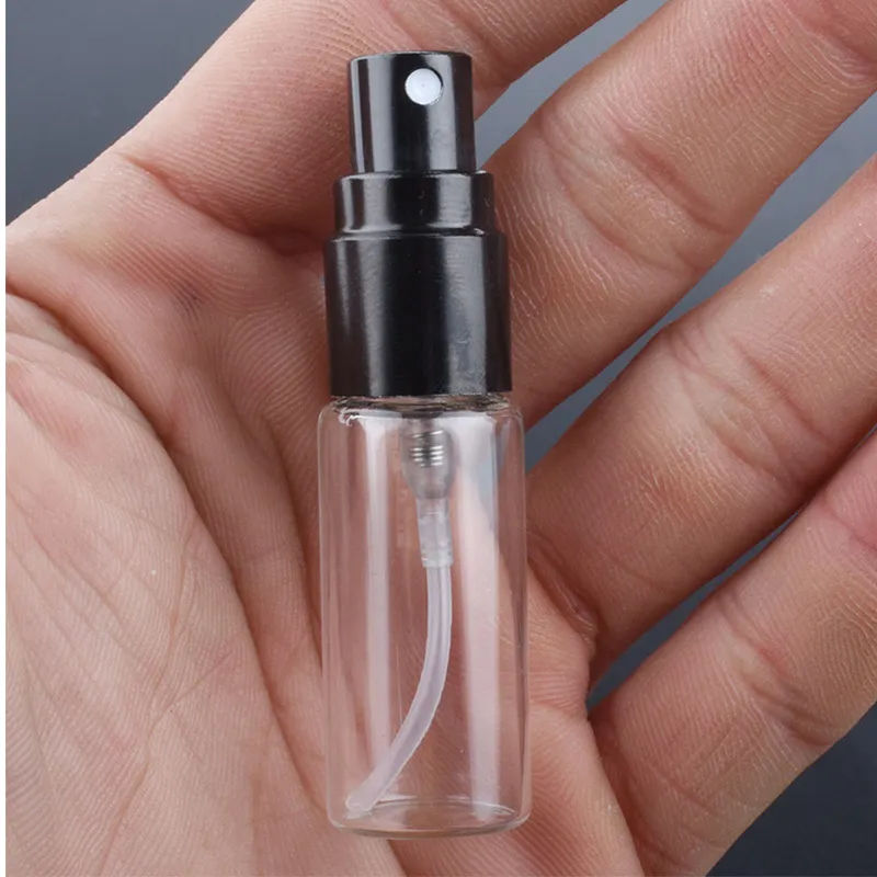 100 pçs / lote 5ml transparente fino frasco de vidro frasco amostra de amostra portátil mini perfume atomizador ouro tampão de prata