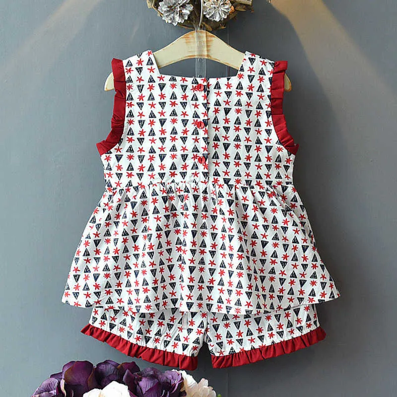 LOVE DD&MM Girls Sets Summer Children's Wear Girls Sleeveless Wood Ear Square Collar Print Dress + Shorts Wine Red Suit 210715