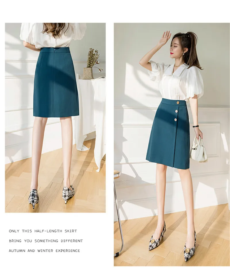 Qooth Retro A-Line kjol Koreansk stil Kontor Lady Mid-Length Kjol Hög midja All-Match Slim Button Fashion Skirt Qt535 210518