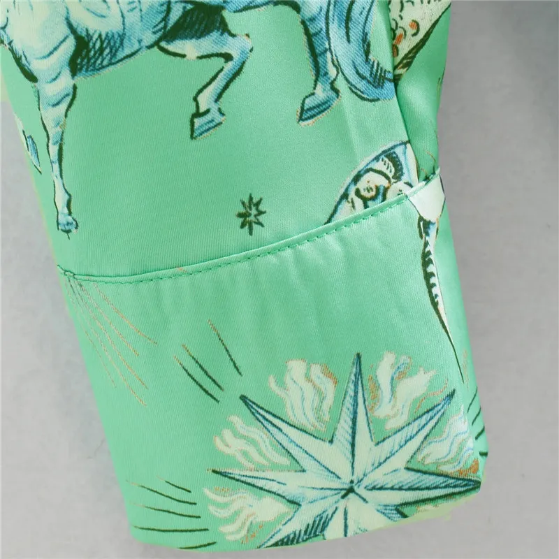 Spring Dress Green Animal Print Satin Long Women Elegant Sleeve es Ladies Loose Vintage 210519