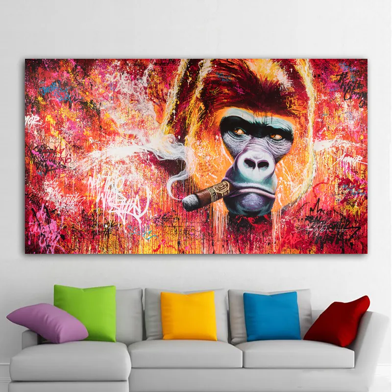Fumar macaco gorila Pôsteres Pintura de lona de animais Fotos de parede para sala de estar moderna casa decoração abstratos