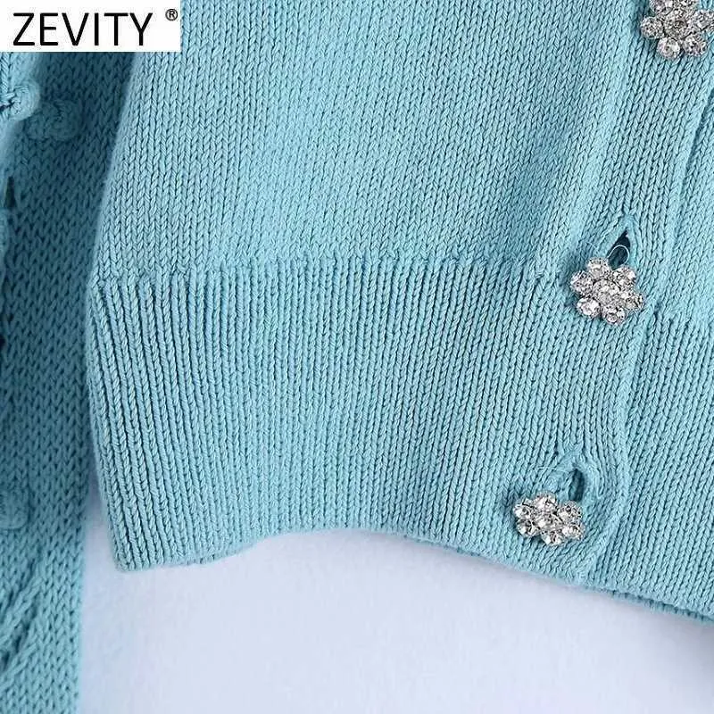 Zevity WomenファッションVネックパフスリーブ中空アウトかぎ針編み短編小柄なセーター女性シックなダイヤモンドボタンカーディガントップスSW802 210603