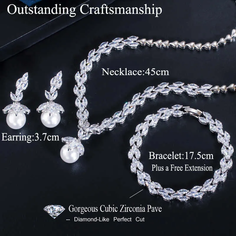 ThreeGraces Classic Marquise Shape Cubic Zirkoon Crystal Drop Pearl Armband Oorbellen Ketting Bruids Sieraden Sets Bruiloft JS240 H1022