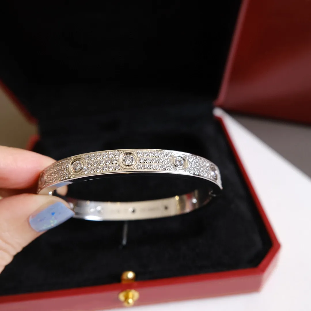 2022 Luxury top fijn merk pure 925 sterling zilveren sieraden voor vrouwen Easy Lock Bangle Rose Gold Vol Big Main Diamond Love Bangle287B