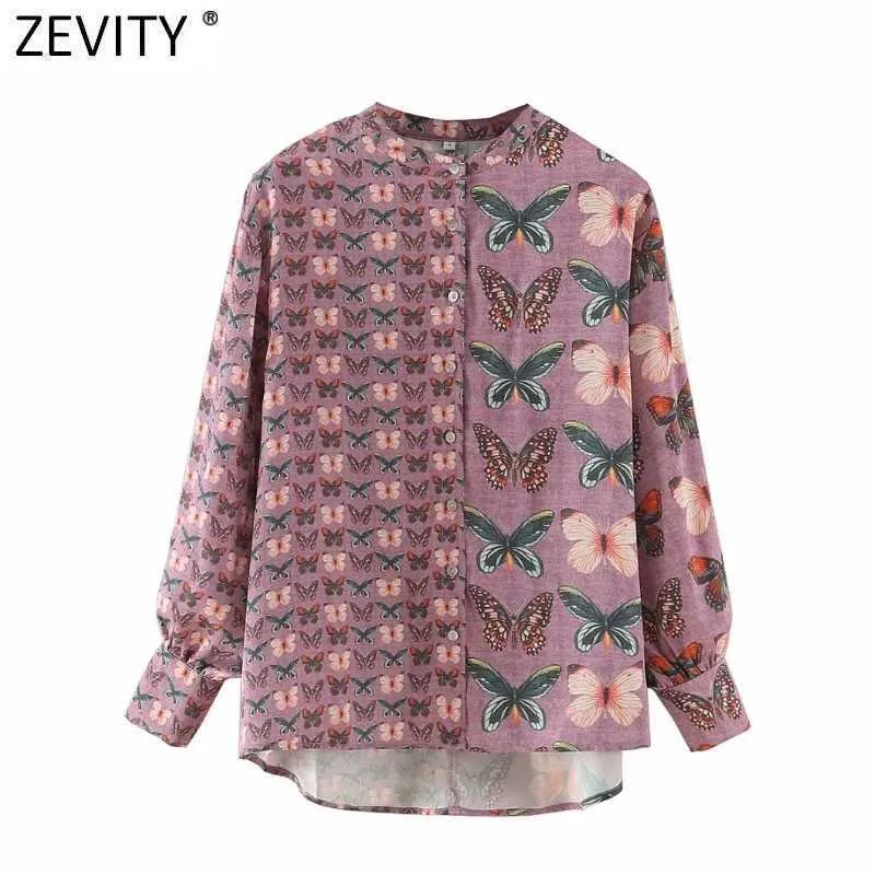 Zeefity Dames Vintage Stand Collar Butterfly Bloemen Patchwork Print Blouse Vrouwelijke Lantaarn Sleeve Shirts Chique Chemise Tops LS9132 210603