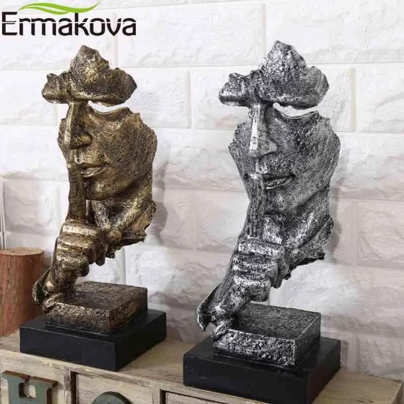 Ermakova abstrato silêncio é dourado estatueta 35cm resina mão rosto silencioso homem estátua escultura escritório em casa sala de estar decoração 22338