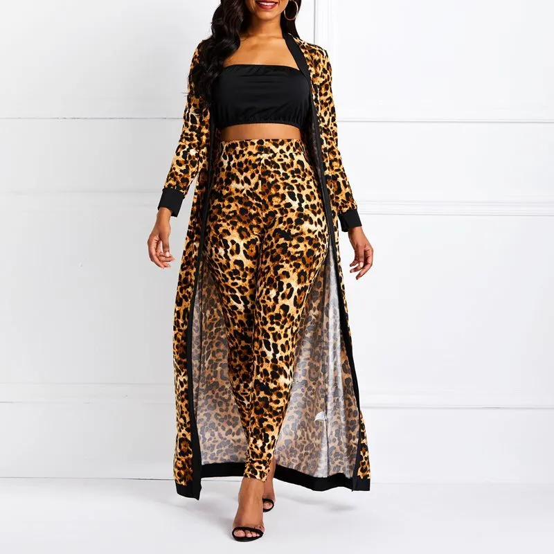 Clocolor Mulheres Terno Conjuntos Sexy Leopardo Imprimir Senhoras Primavera Outono de Manga Longa Coat Pantsuits Casual Moda Calças Roupas X0428