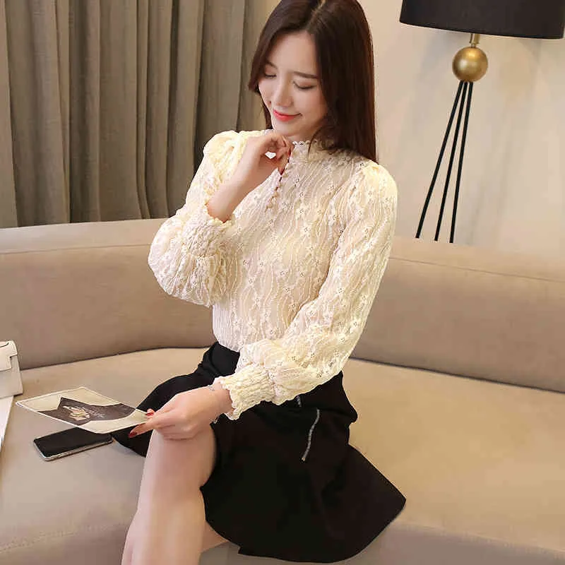 Autumn Chiffon Blouse Long Sleeve Puff Women Shirts Clothes Lace Bottom Female Tops and Blouses 10512 210508