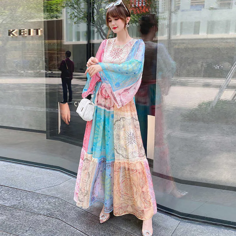 High Quality Women Fashion Color Block Print Runway Long Maxi Dress Summer Designer Elegant Party Robe Holiday Vintage Vestidos 210601