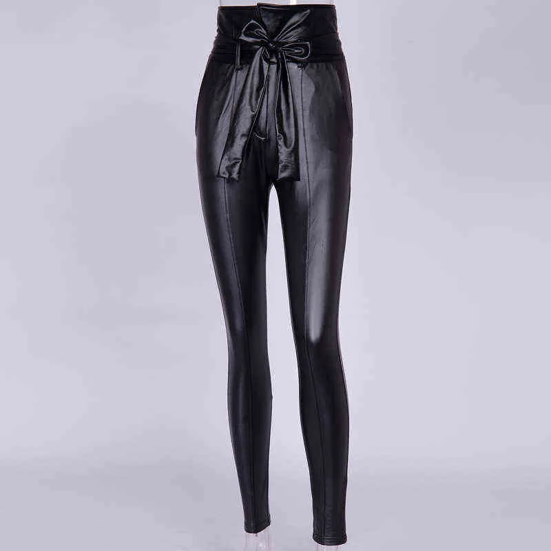 Insta or noir ceinture taille haute crayon pantalon femmes Faux cuir PU ceintures pantalons longs décontracté Sexy Design exclusif mode 211124