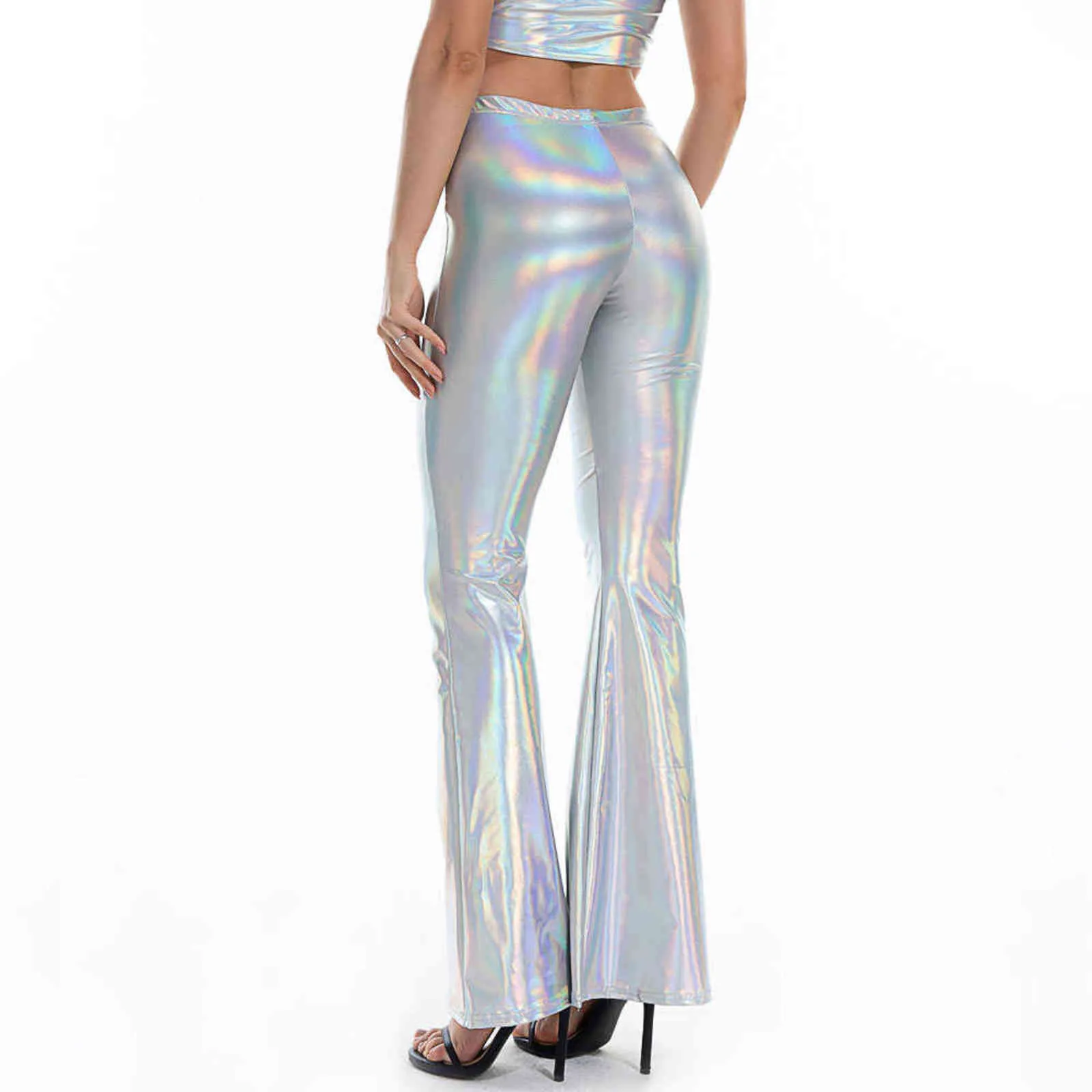 Pantalon métallique en cuir PU sexy brillant holographique évasé femmes filles moulante taille élastique cloche bas pantalon clubwear 211115