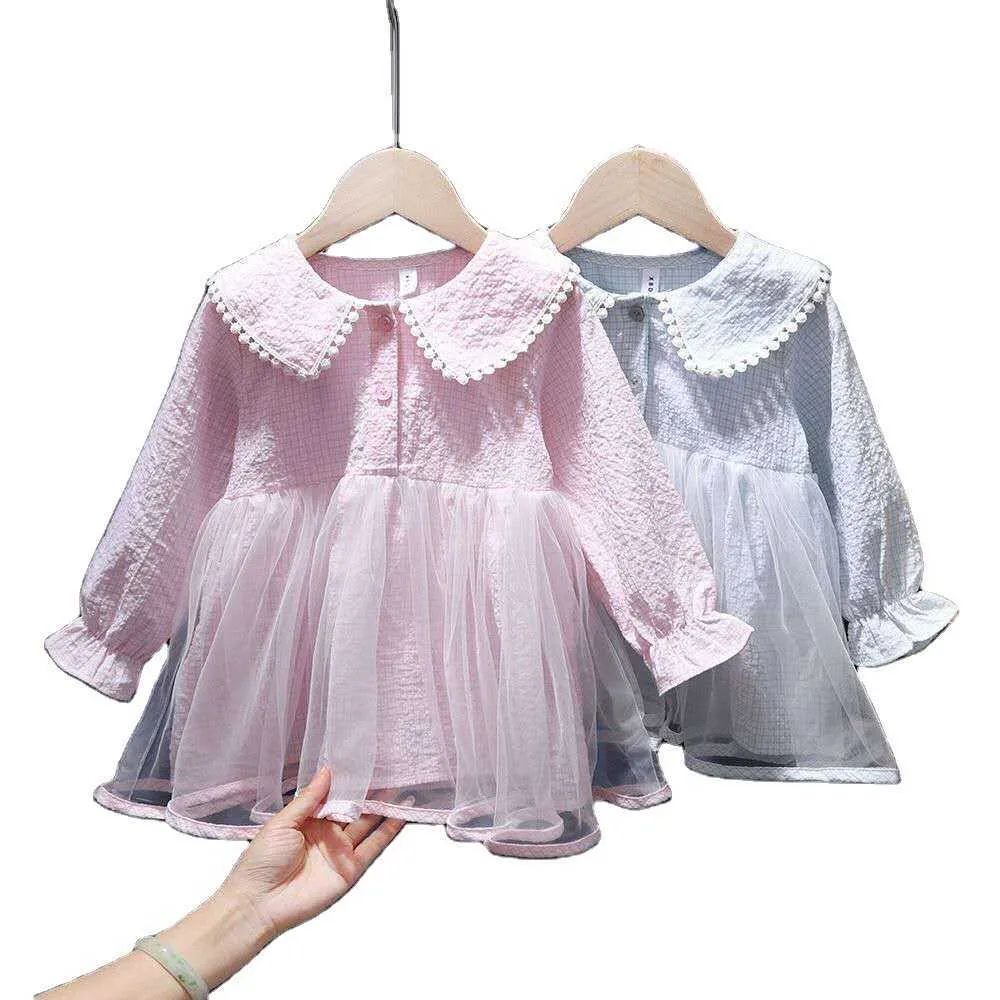 2021 primavera 6-13 años otoño bebé niñas vestido de encaje lindo cuello de muñeca de manga larga a cuadros princesa niños ropa infantil Q0716