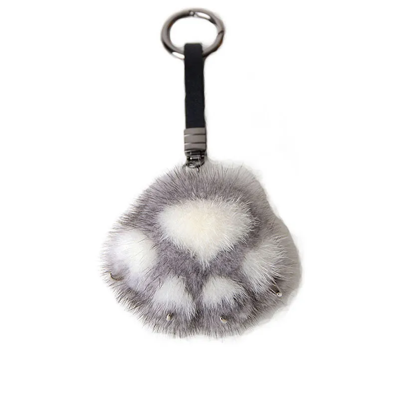 Kawaii Mulheres Criativo Mink Fur Cat Paw Cadeia Bolsa Bolo Charme Ornamentos Macios Pompom Plush Bear Garra Anel Carro Chave Pingente