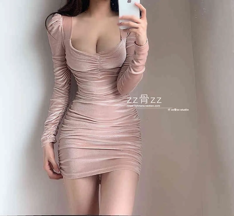 Womengaga 2021 Sweet Lady Terement Spring Low Square Collar Fold Pencil Buttock Sexig Långärmad Kvinnor Party Dress Pink U8T X0521